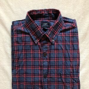 J. Crew Men’s Navy and Red Plaid button up shirt XS heathered cotton